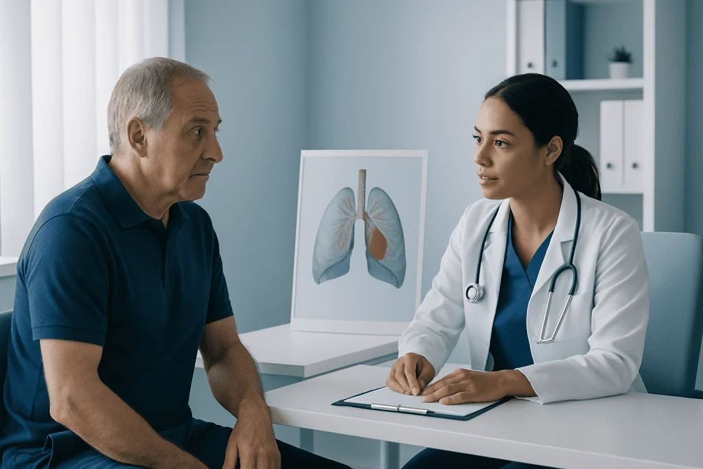 Doctor consulting with patient about lung health and hemothorax.