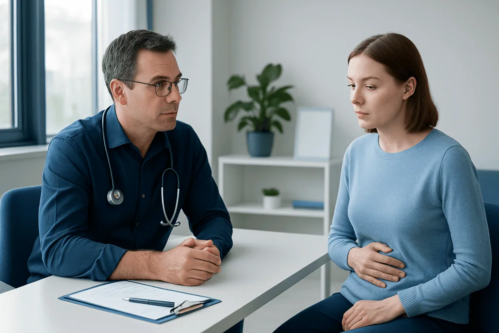 Doctor consulting with a young woman patient in a medical office.