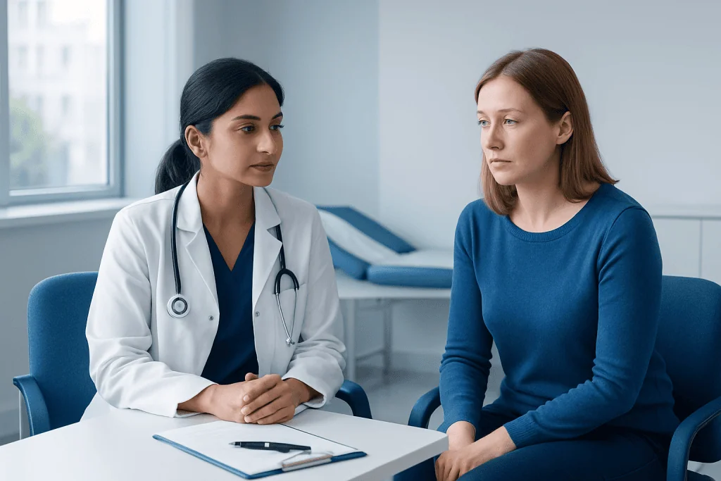 Doctor consulting with a patient in a modern hospital room.