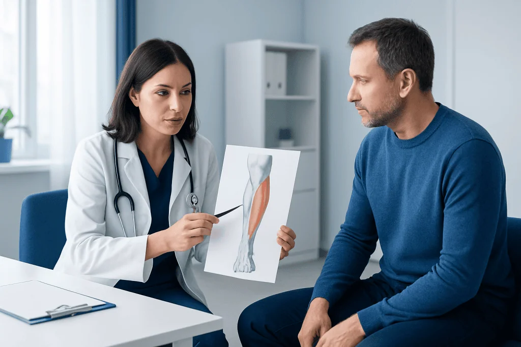 Doctor explaining tibialis anterior muscle to patient in consultation room.