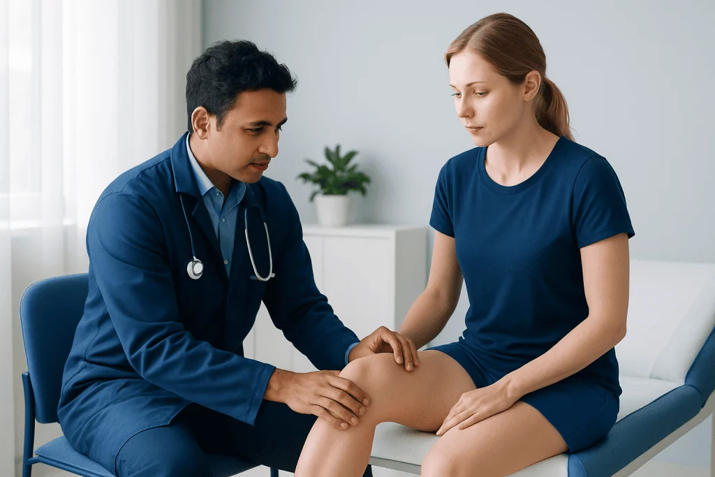 Doctor examining patient's knee in a clinical setting.