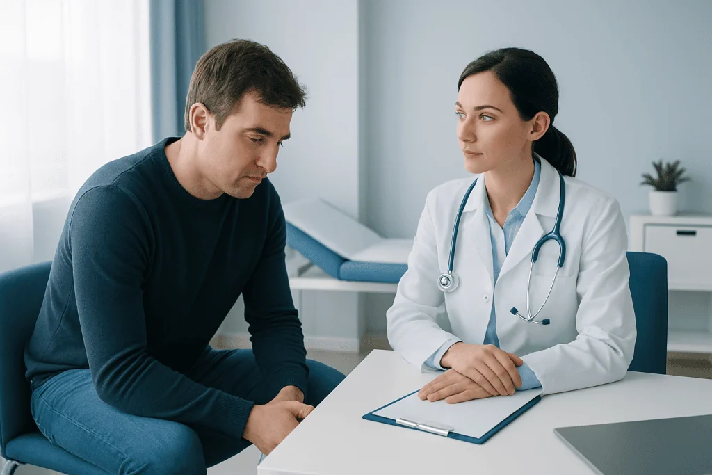 Doctor consulting male patient in a modern medical office.