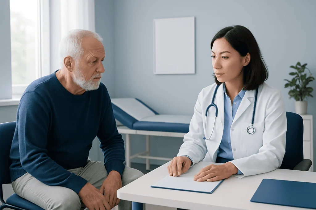 Doctor consulting with an elderly male patient in a medical office.