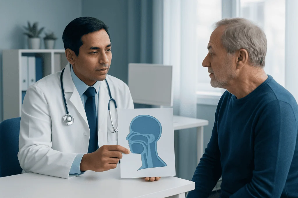 Doctor explaining tonsil cancer diagnosis to patient with throat diagram.