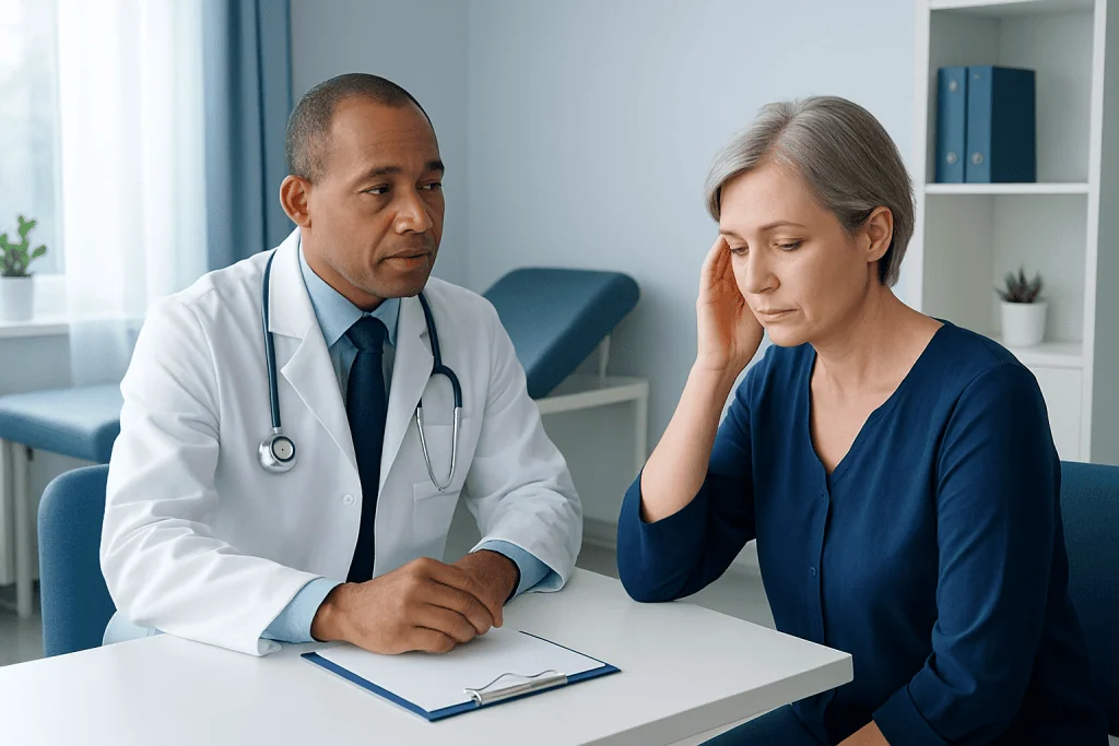 Doctor consulting with a patient in a modern medical office.