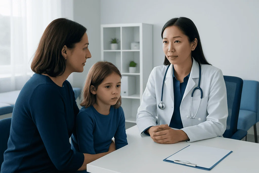 Doctor consulting mother and daughter in a medical office.
