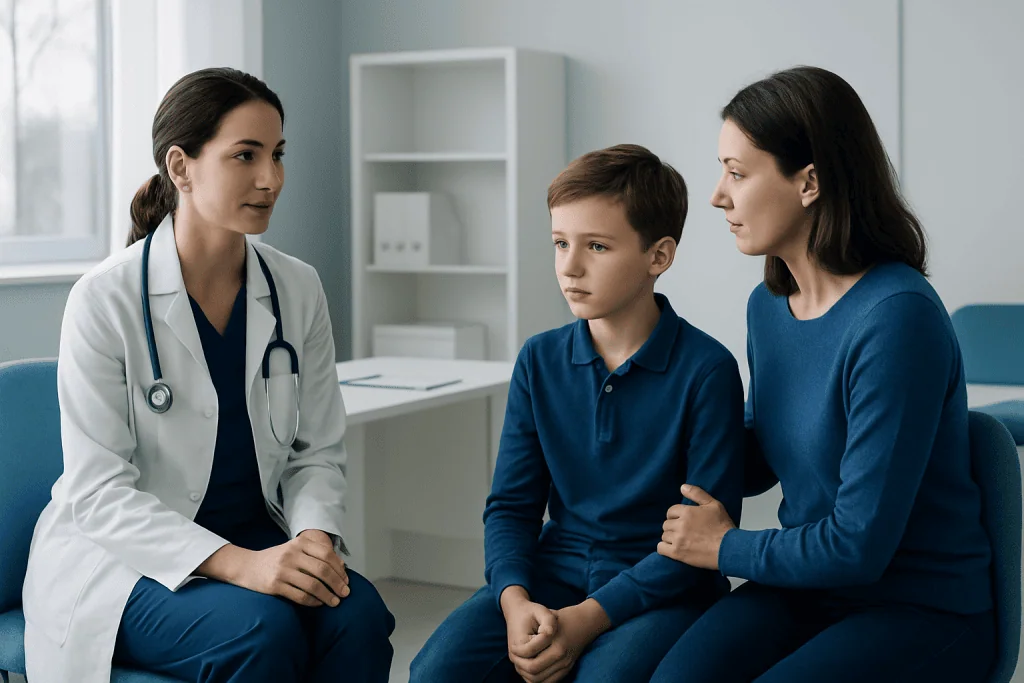 Doctor consulting with a young boy and his mother in a medical office.