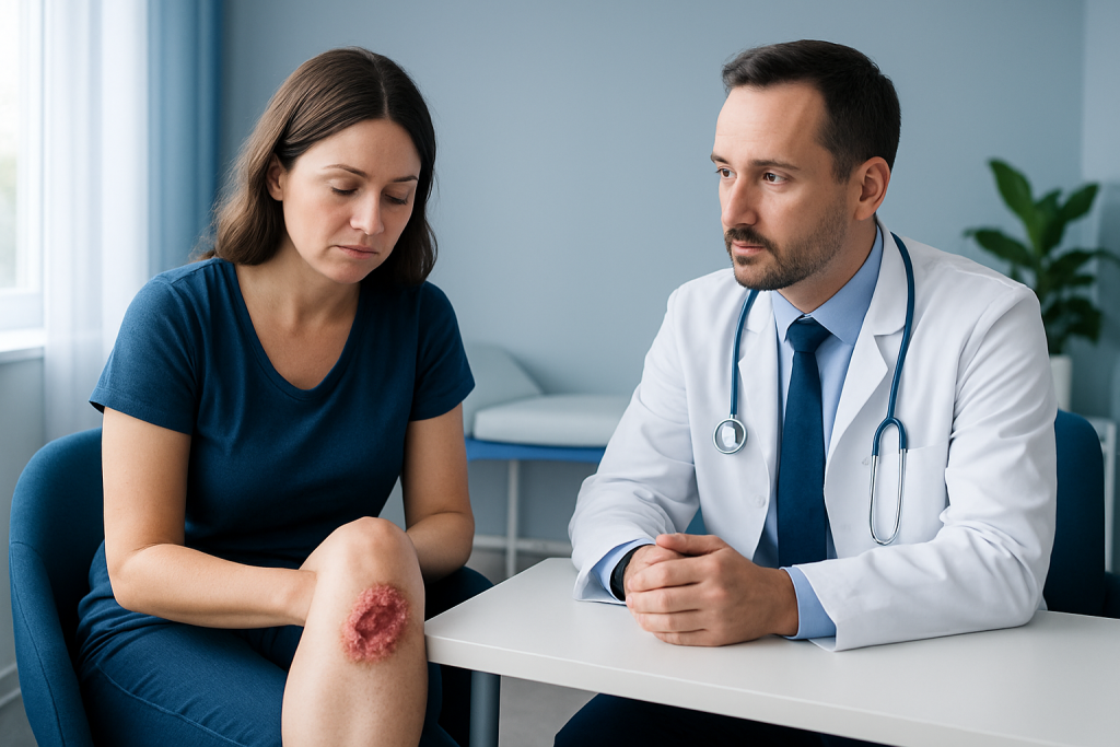 Patient with leg ulcer consulting a doctor in a medical office.