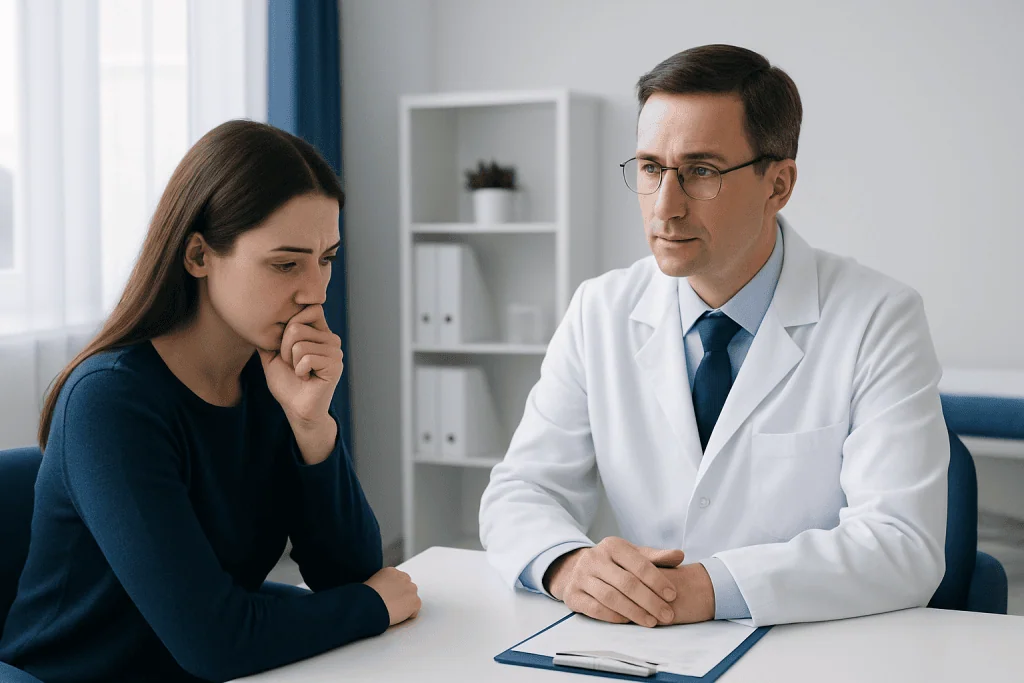 Doctor consulting with a patient in a medical office setting.