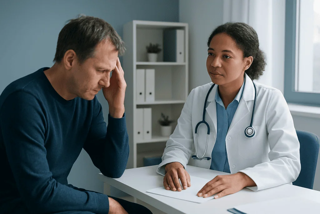 Doctor consulting with a male patient in a medical office.