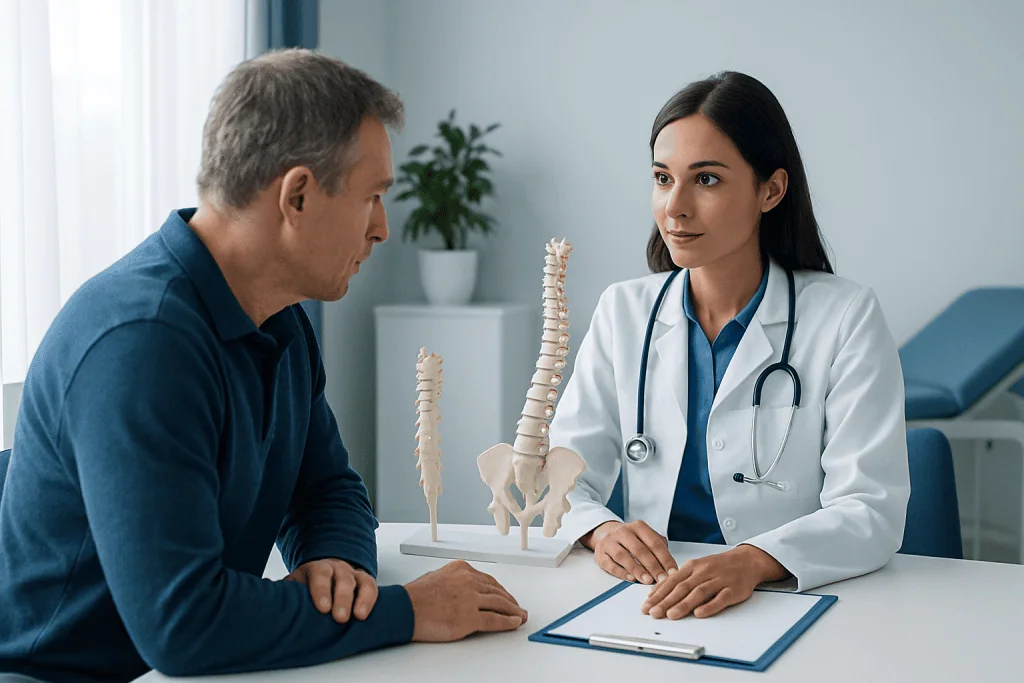 Doctor explaining spinal health to patient with spine model in clinic.