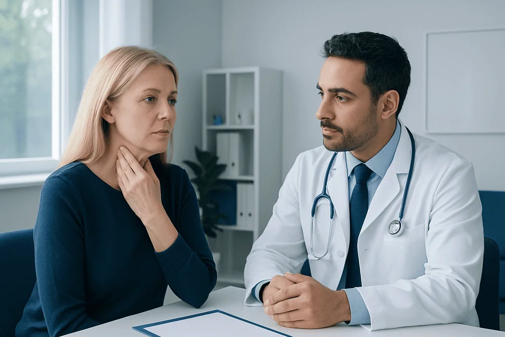 Doctor consulting with a female patient in a medical office.