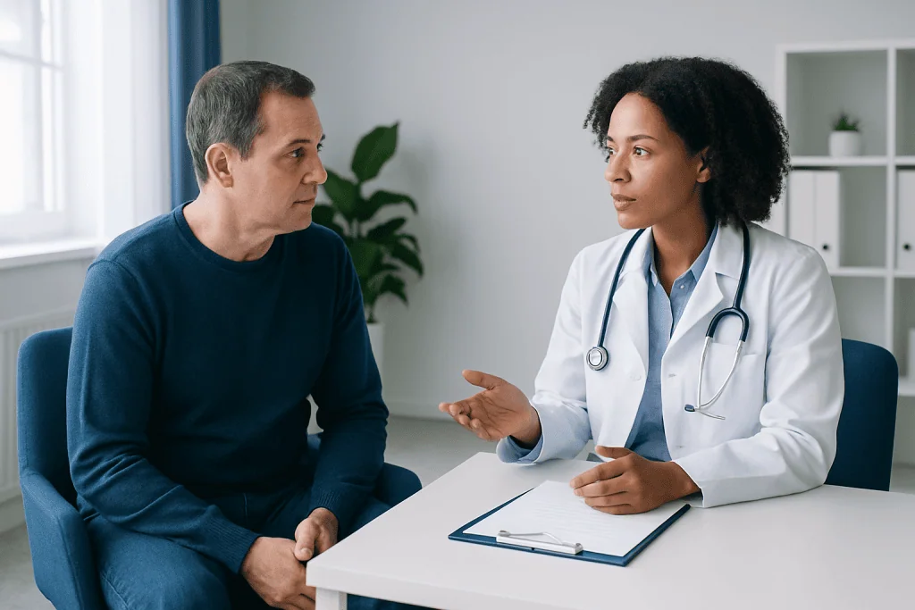 Doctor consulting with a male patient in a medical office setting.