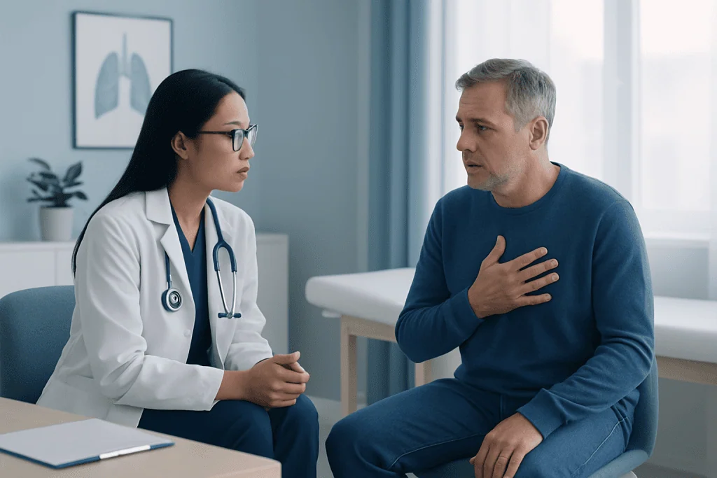 Doctor consulting with male patient about respiratory health in clinic.