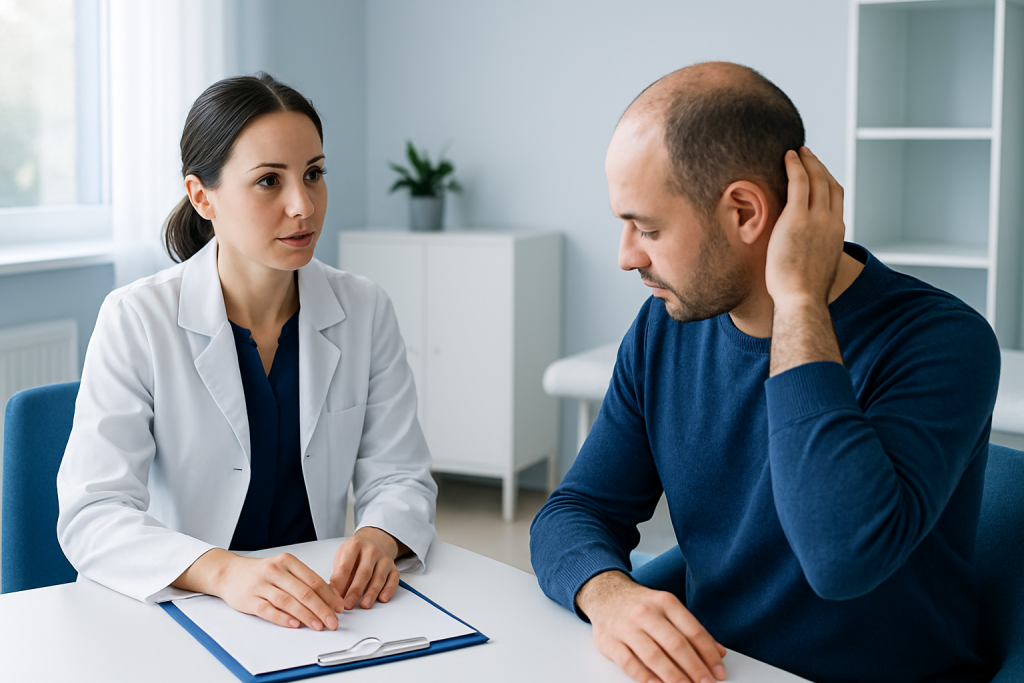Doctor consulting with patient about scalp health in a medical office.
