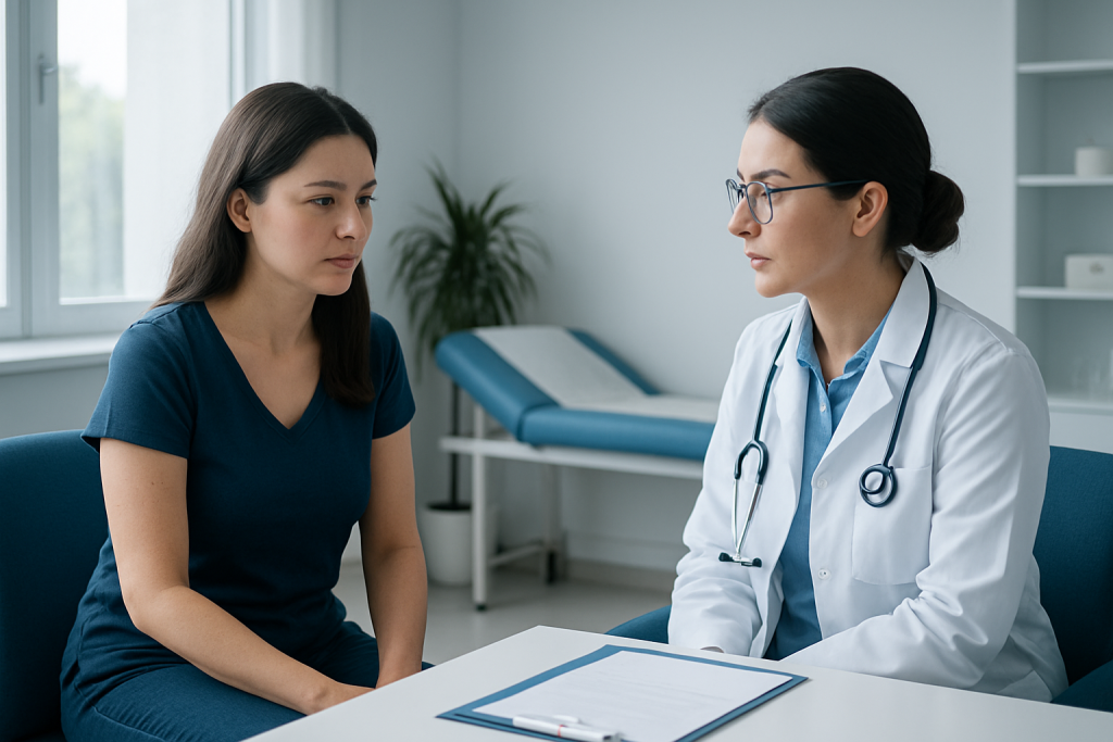 Doctor consulting with a female patient in a medical office.