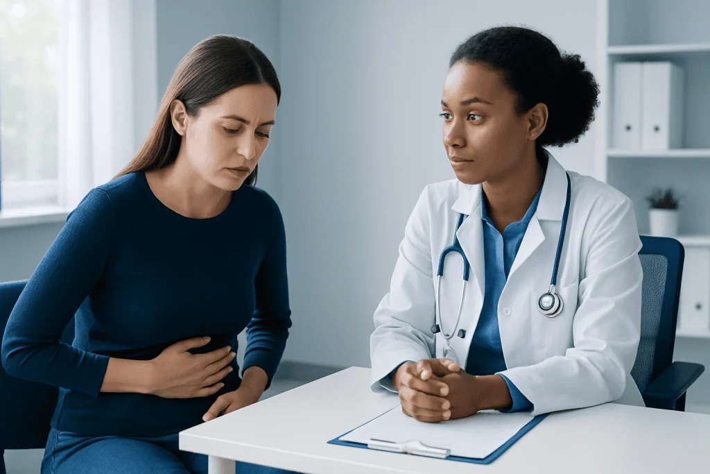 Doctor consulting with a patient about stomach issues in a medical office.
