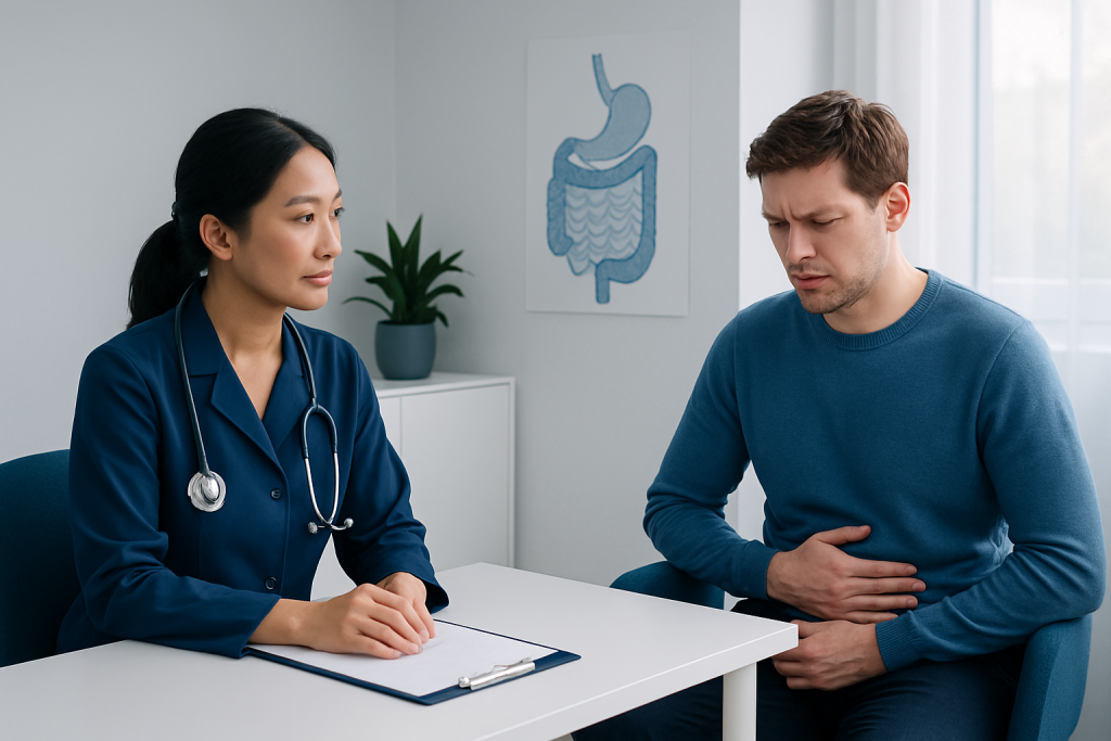 Doctor consulting with patient about gastrointestinal symptoms in clinic.