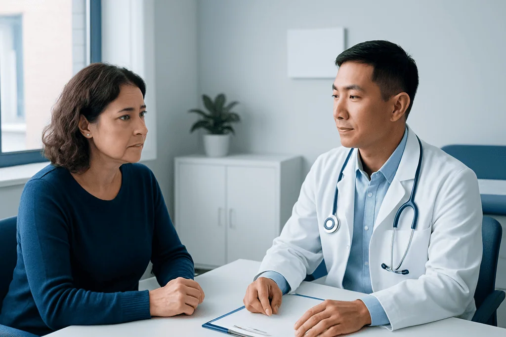 Doctor consulting with a female patient in a modern medical office.
