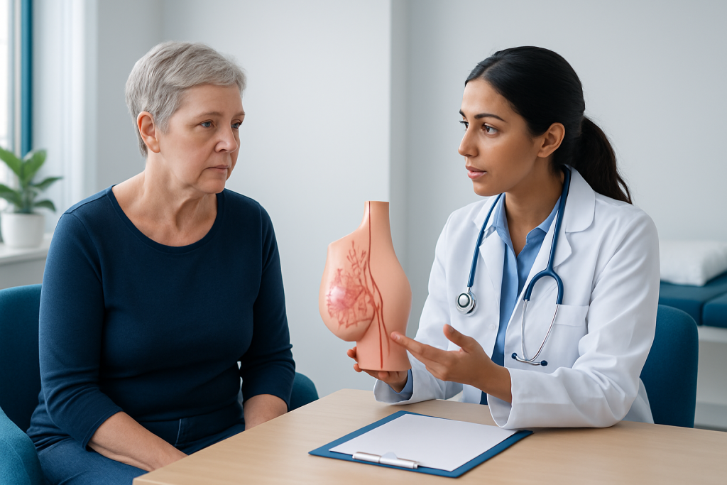 Doctor explaining breast cancer to an older woman with a breast model.