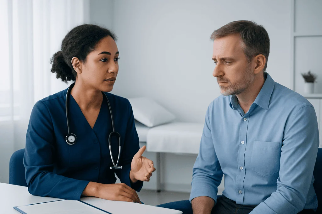 Doctor consulting with a patient about perforated septum treatment options.