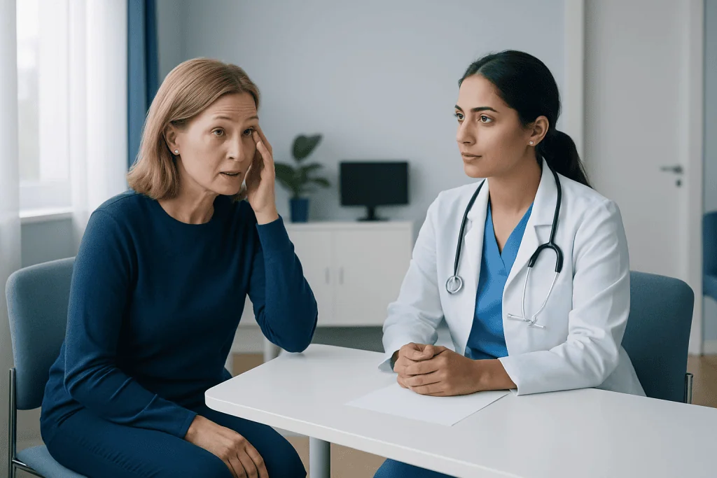 Doctor consulting with a patient about eye health and symptoms.