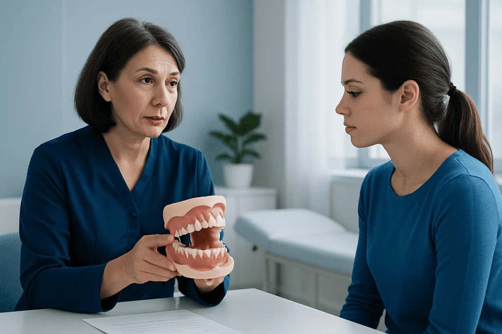 Dentist explaining malocclusion with dental model to patient in clinic.