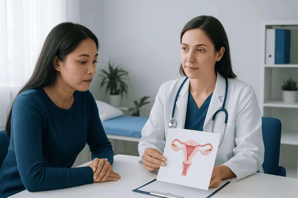 Gynecologist explaining uterine health to a patient with a model of female reproductive system.