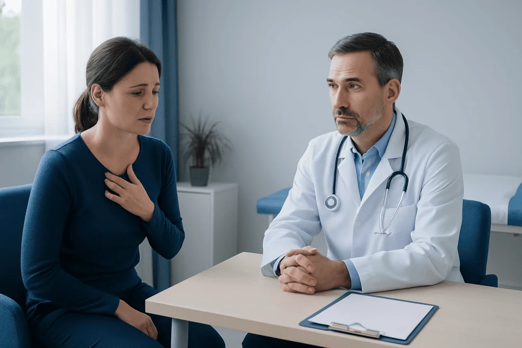 Doctor consulting with a female patient in a medical office setting.