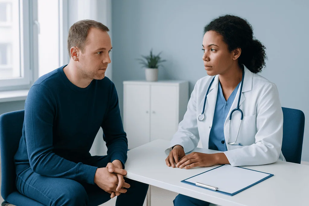 Doctor consulting with a male patient in a medical office.