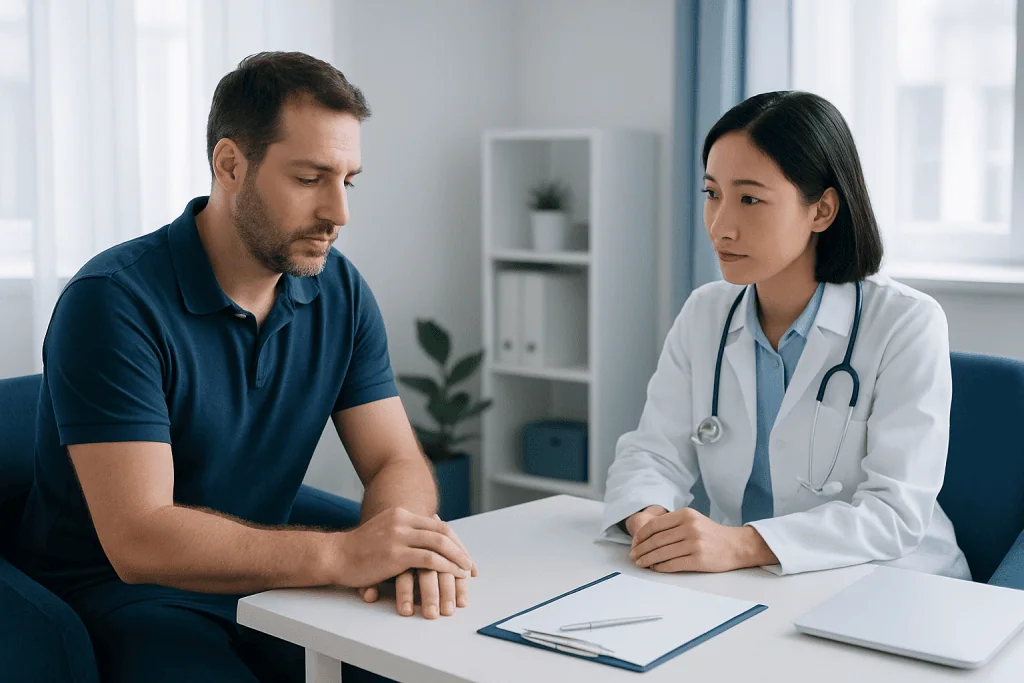 Doctor consulting with male patient in a medical office setting.