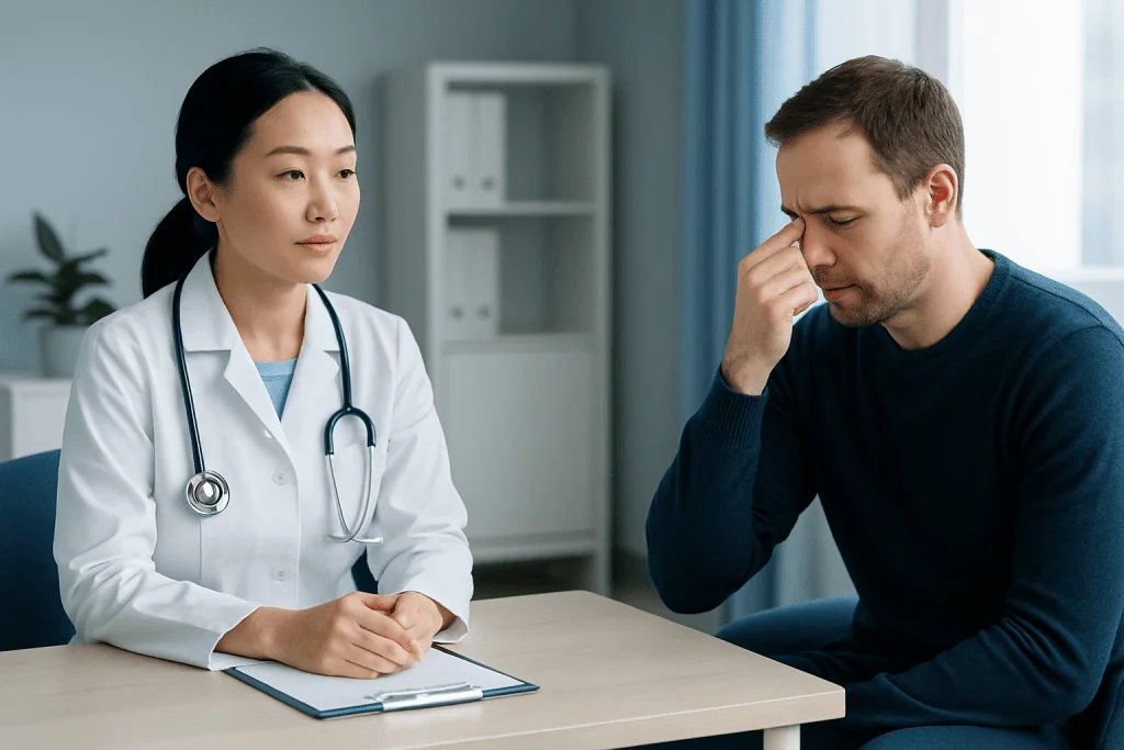 Doctor consulting with a patient about nasal congestion symptoms.