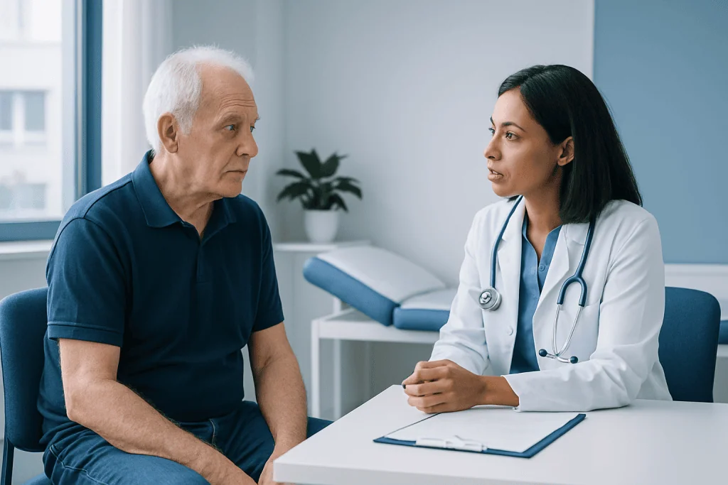 Doctor consulting with elderly patient in a medical office.