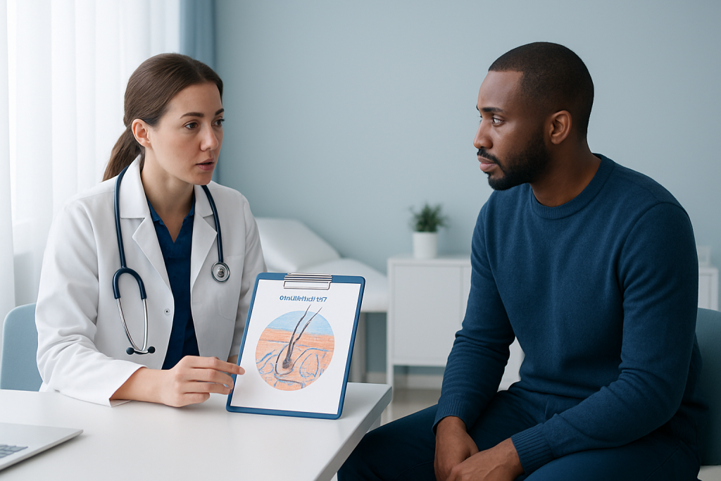 Doctor explaining dermatophyte infection to patient in consultation room.