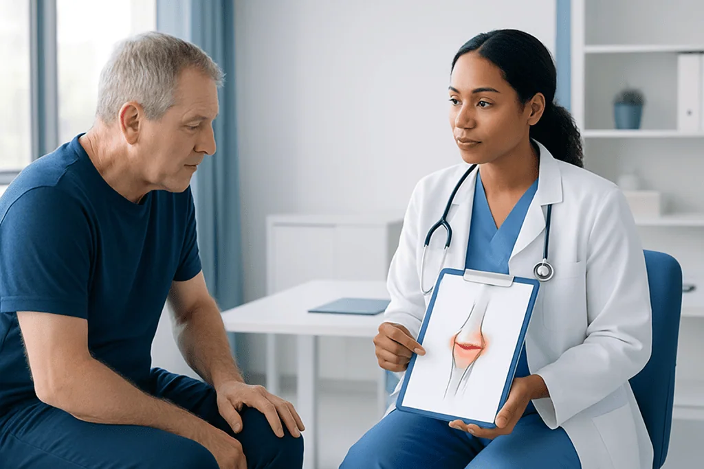 Doctor explaining gout in knee to patient with knee pain.