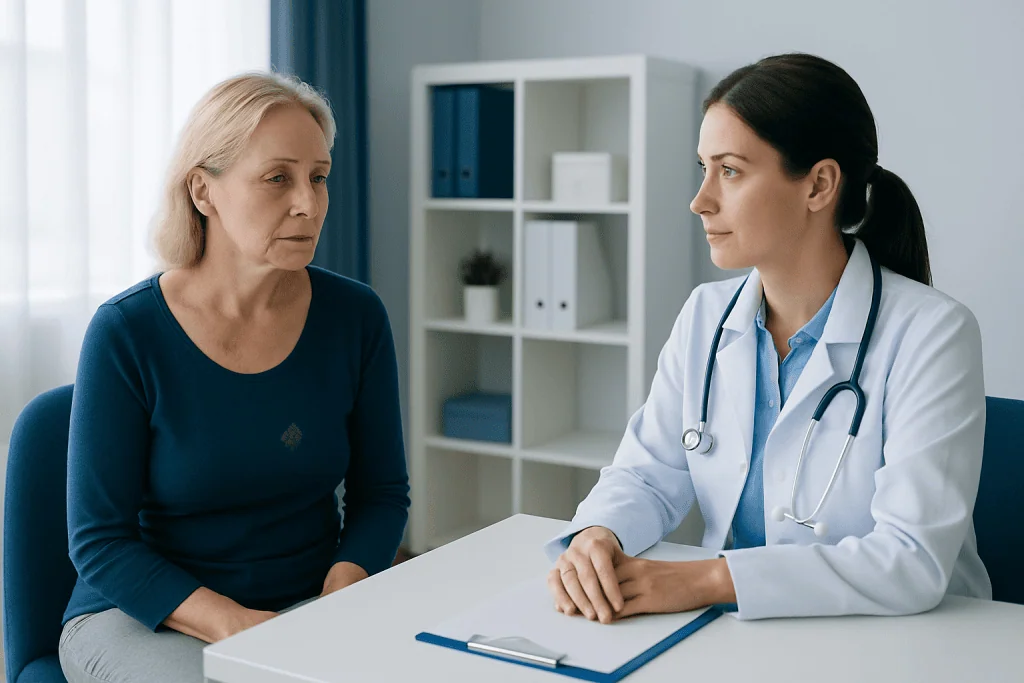 Doctor consulting with an elderly female patient in a medical office.