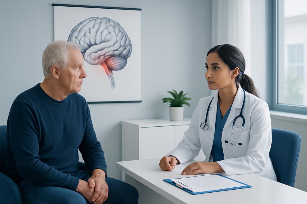 Doctor consulting with elderly patient about brain health and stroke prevention.