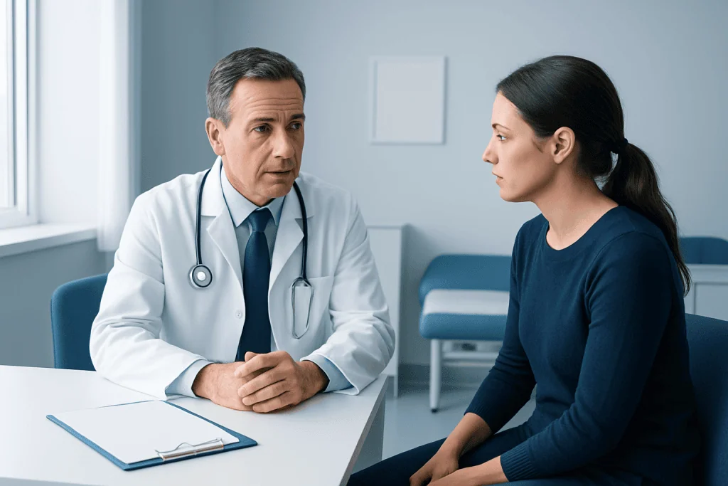 Doctor consulting with a female patient in a medical office.