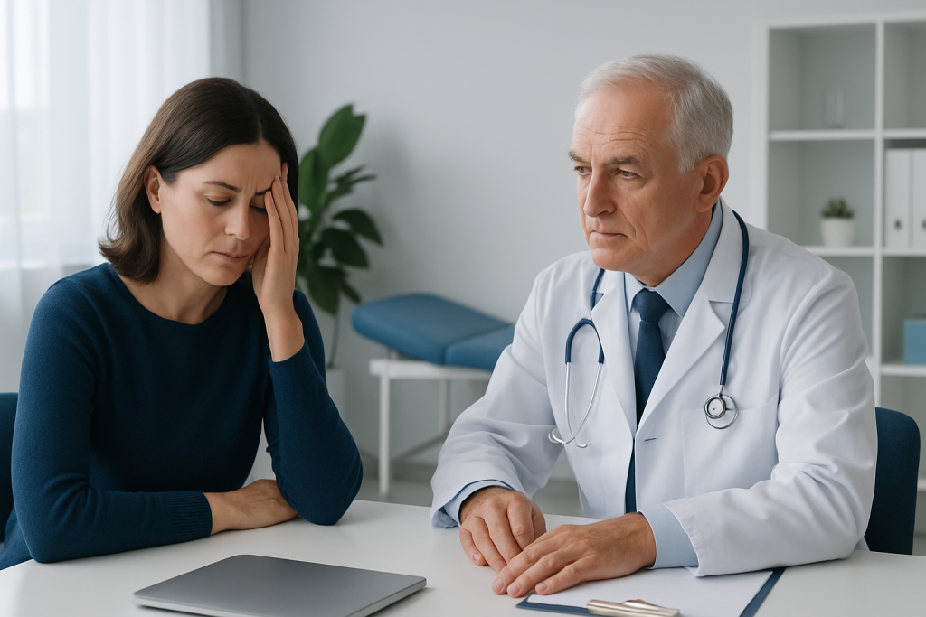Doctor consulting with a patient experiencing headache symptoms in a clinic.