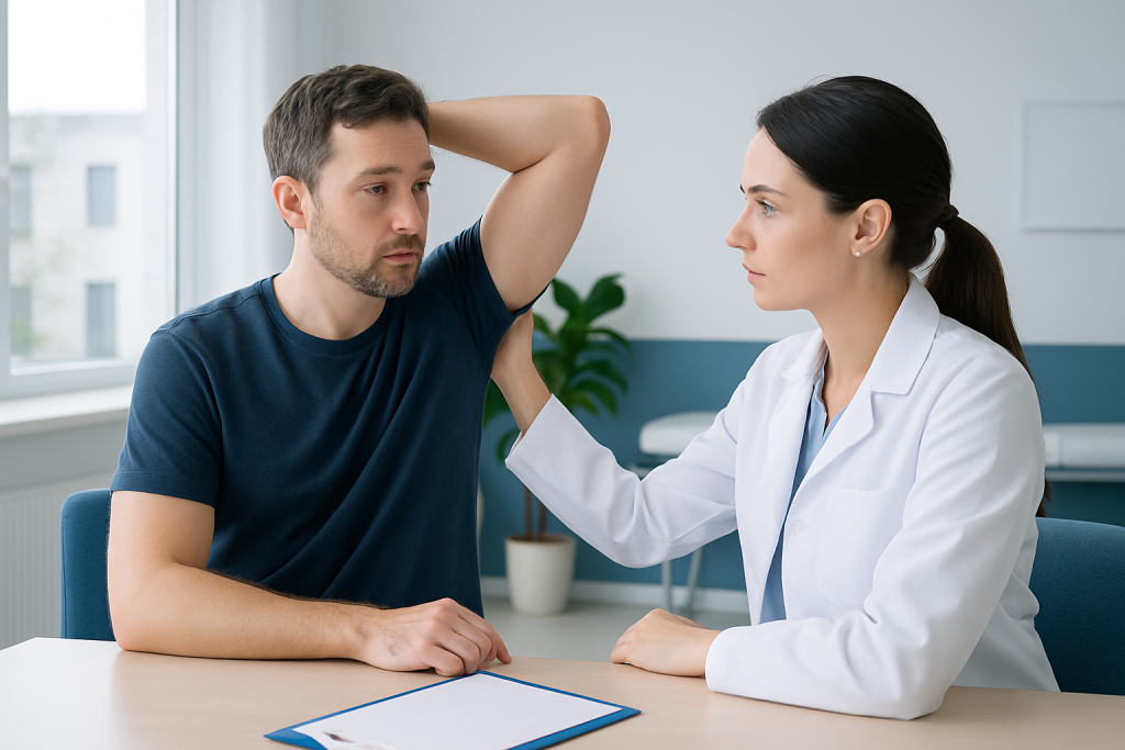 Doctor examining patient's armpit during consultation at Acibadem Hospital.