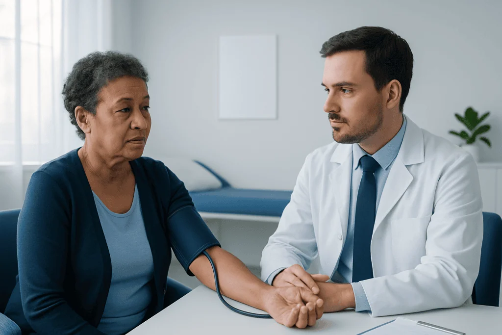Doctor checking blood pressure of an elderly woman in a clinical setting.