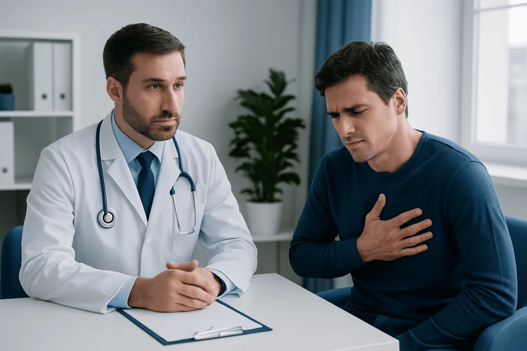 Doctor consulting with patient experiencing chest pain in a medical office.