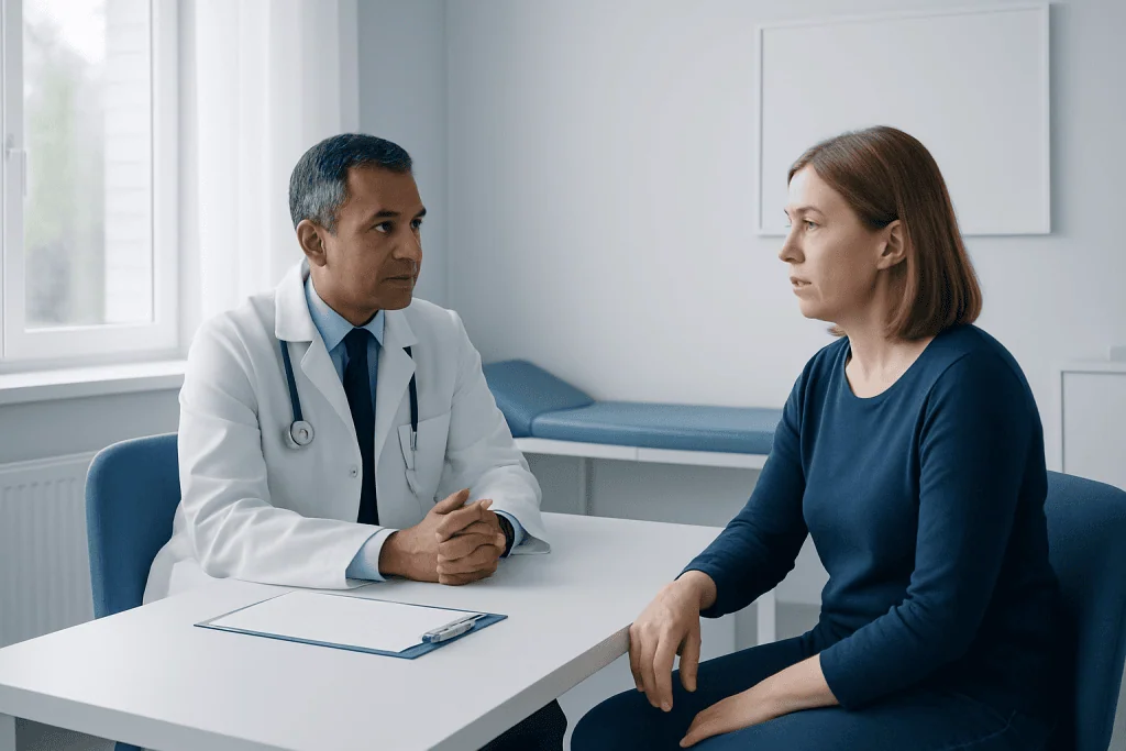 Doctor consulting with a female patient in a medical office.