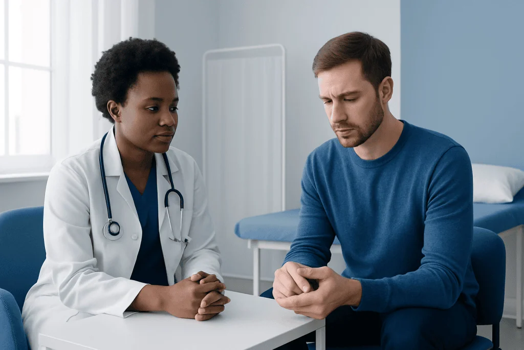 Doctor consulting with a male patient in a hospital room.