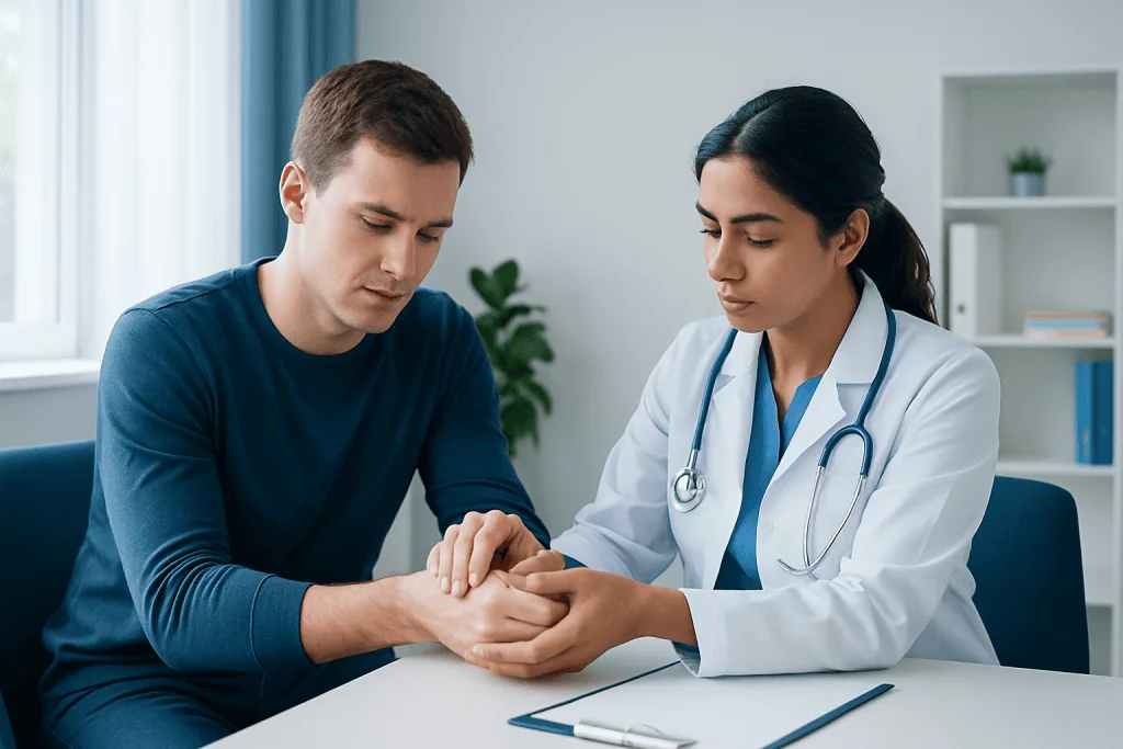 Doctor examining patient's wrist for possible scaphoid fracture.
