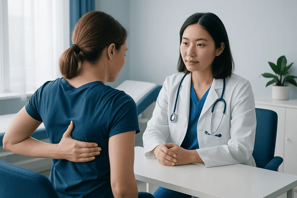 Doctor consulting patient with shoulder pain in a clinical setting.