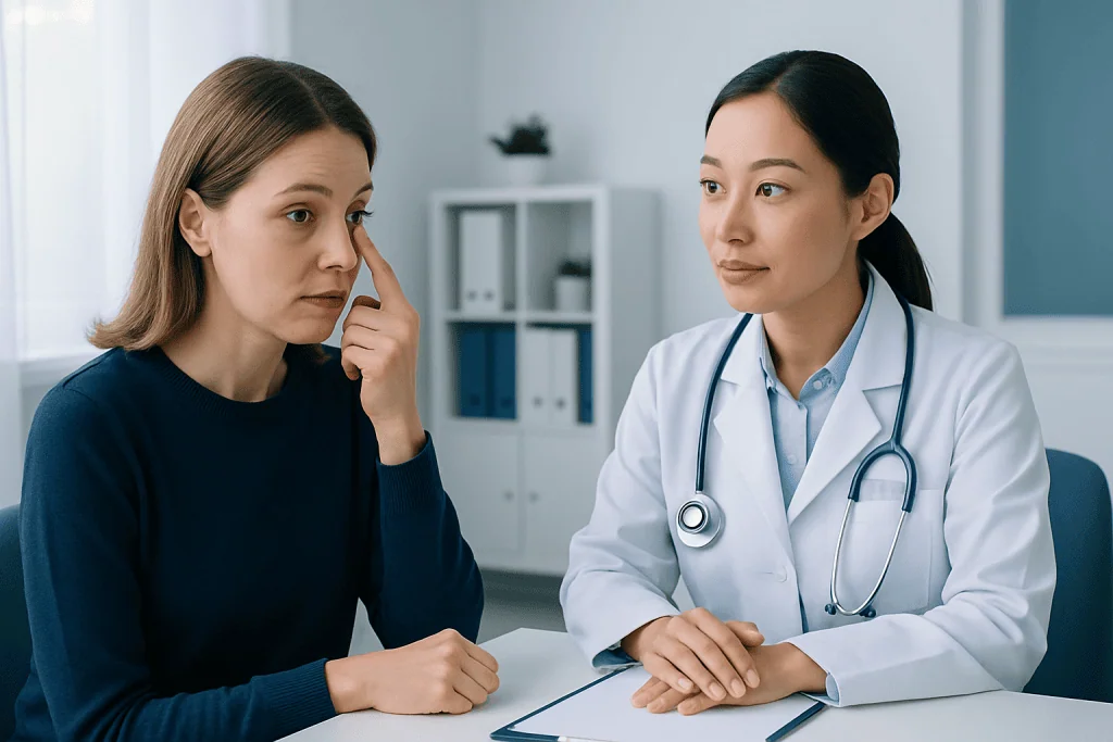 Doctor consulting with a patient about eye health in a medical office.