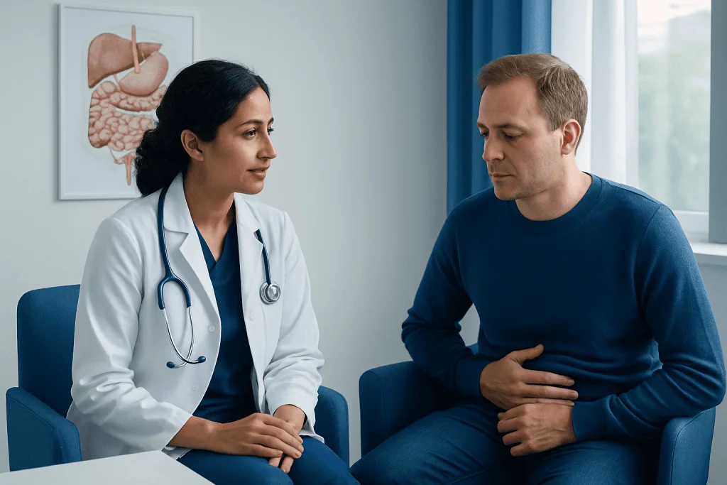 Doctor consulting male patient about abdominal discomfort in clinic.