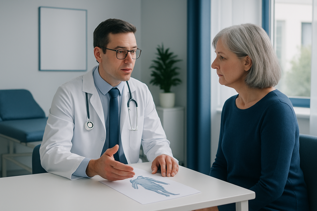 Doctor consulting with an elderly woman in a medical office.