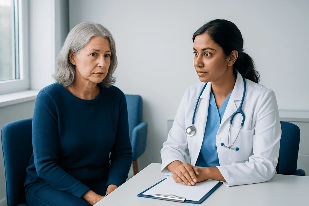 Doctor consulting with an elderly woman in a medical office.